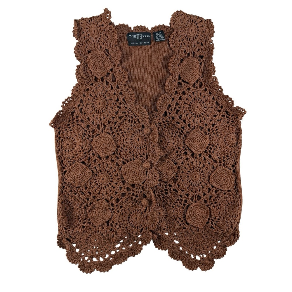 Vintage Hand Knitted OS Crochet Vest Boho‎ Cottage 90s Y2K Brown Earthy Hippie - Picture 2 of 10
